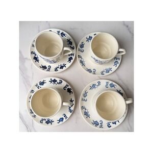 Vintage USA Blue Onion SCIO Tea Cup and Saucer Set of 4 Floral White Blue
